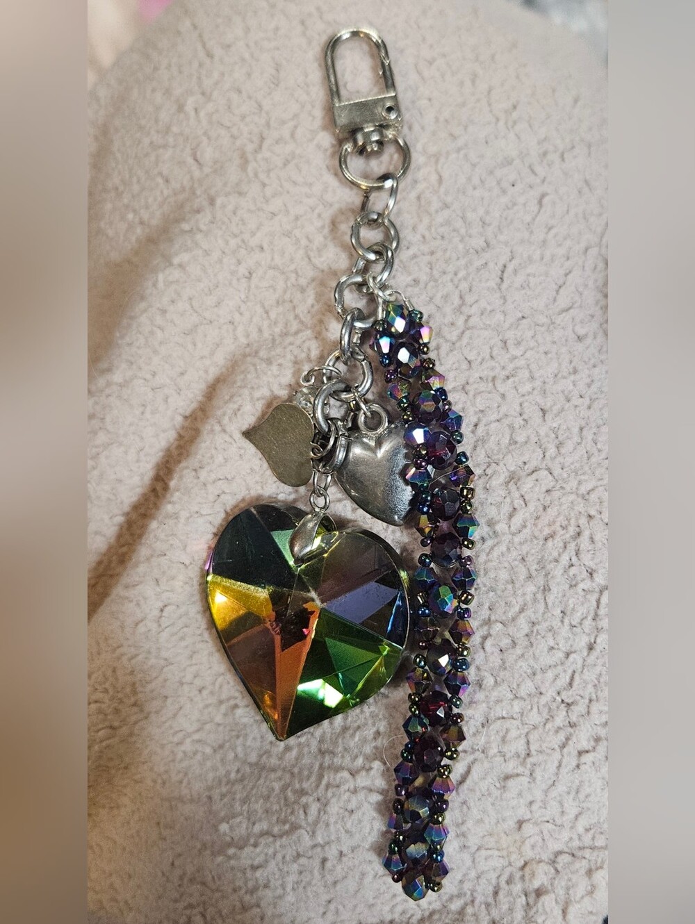 Iridescent Heart Charm Keychain with Purple Crystal Tassel - Women Jewelry